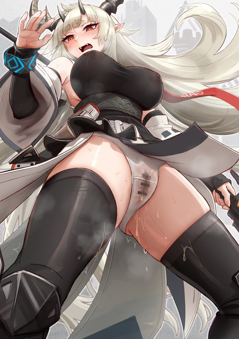 arknights blush blush_lines blushing breasts censored embarrassed female female_focus matoimaru_(arknights) monowe open_mouth panties peeing peeing_self pussy red_eyes see-through see-through_clothing solo solo_female solo_focus thighs urination urine wet_clothes wet_panties wetting wetting_self