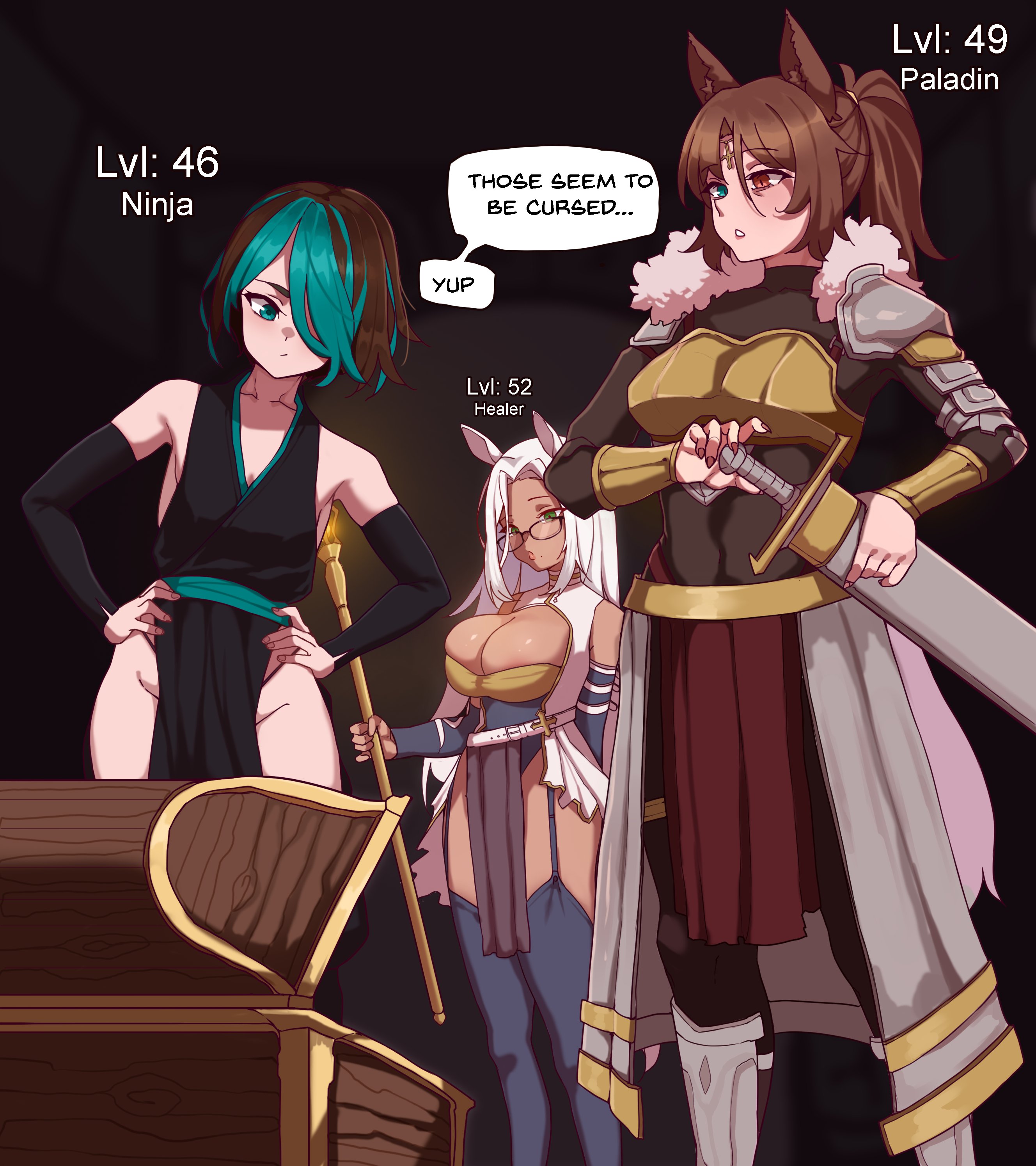 1boy, 2024, 2girls, animal ears, chest, dungeon, female, femboy, fully clothed, gameplay mechanics, humanoid, imminent transformation, kemonomimi, lady qathrin, level drain, male, sword, text, todding, transformation