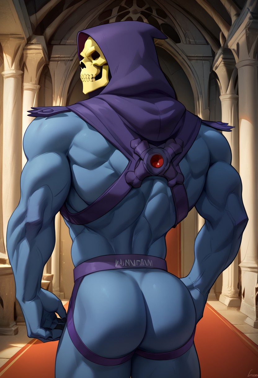 1boy ai_generated ass back back_view backsack biceps blue_body blue_skin blush butt from_behind gay hood humanoid inviting inviting_to_sex jockstrap jockstrap_only looking_at_viewer looking_back male male_only masters_of_the_universe muscular muscular_male no_eyes nude presenting presenting_ass presenting_butt skeletor skull skull_head toned_body toned_male twall97