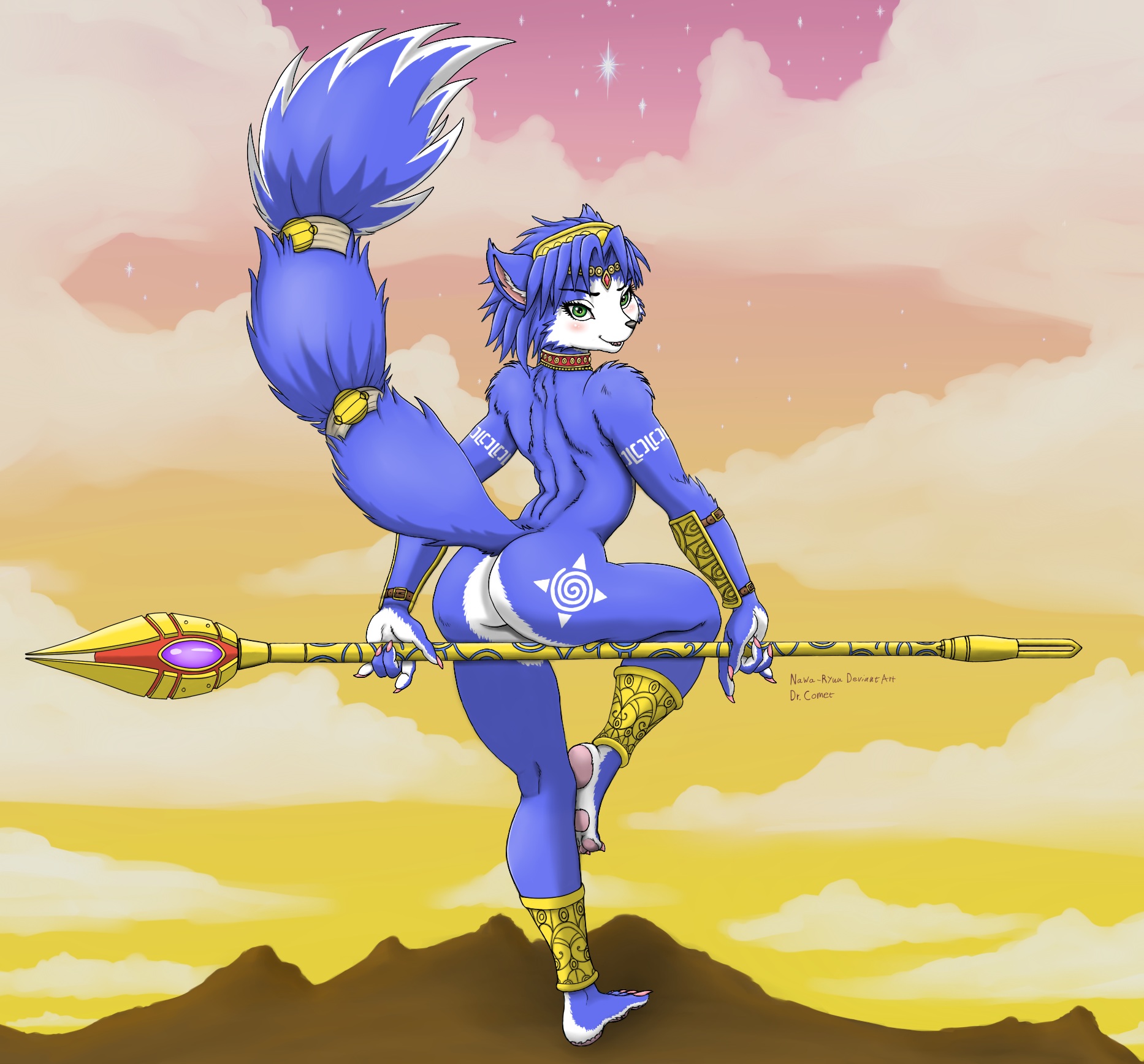 ass, blue hair, blush, canine, dr comet, female, fox, furry, green eyes, krystal, looking at viewer, looking back, nude, smile, solo, star fox, tail, weapon