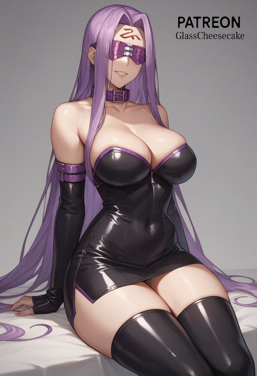 absurdly_long_hair ai_generated big_breasts blindfold blindfolded collar detached_sleeves facial_hair fate_(series) girl glasscheesecake grey_background latex latex_dress long_hair medusa_(fate) patreon patreon_logo patreon_username purple_hair short_dress sitting smile solo solo_female teeth thick_thighs thighhighs