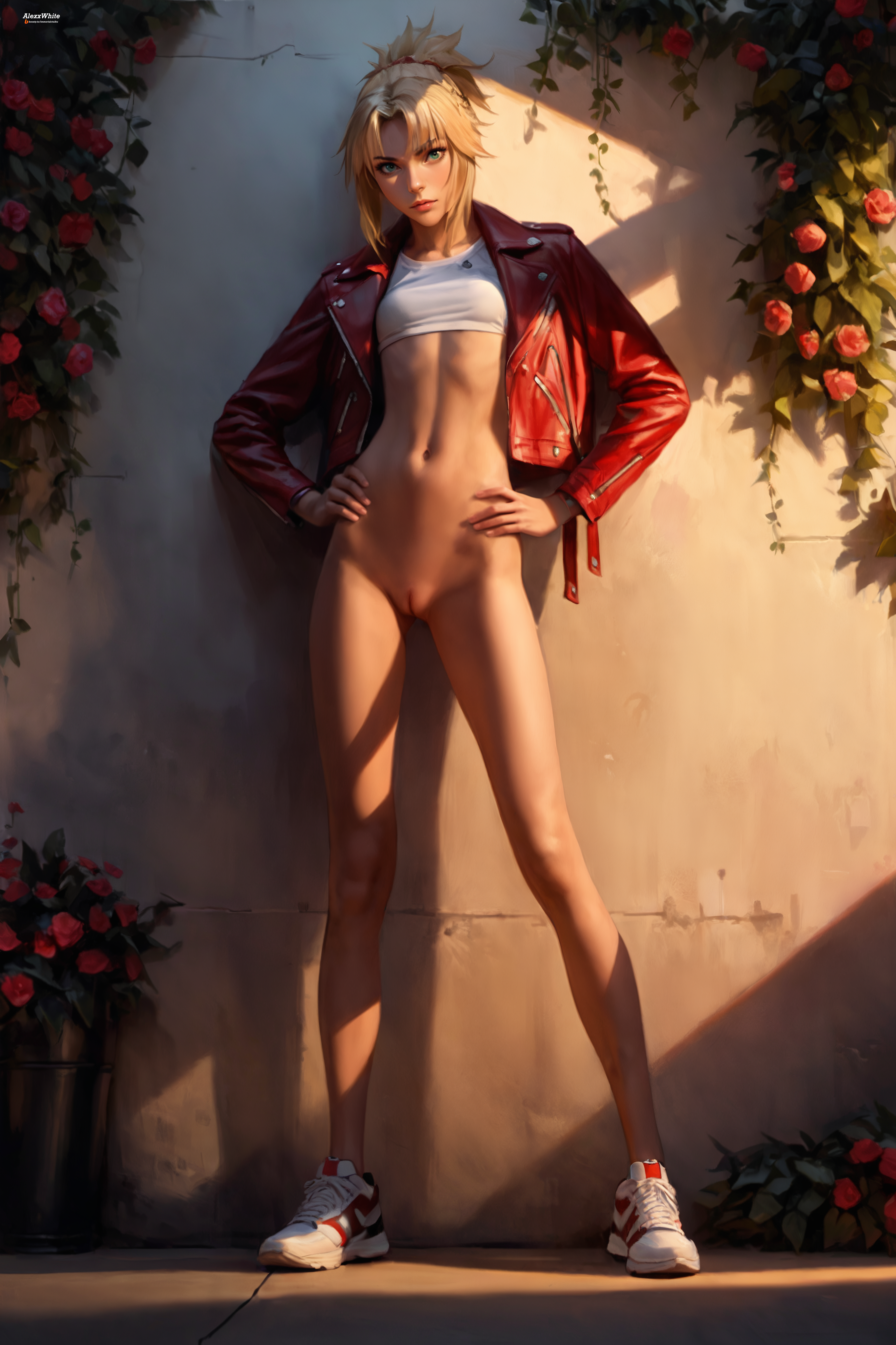 1girls, ai generated, alexxwhite, bangs, blonde female, blonde hair, bottomless, bottomless female, fate (series), fate/apocrypha, fate/grand order, female, female focus, female only, footwear, full body, green eyes, hands on hips, high resolution, highres, jacket, leather jacket, legs, light skin, light-skinned female, long sleeves, looking at viewer, mordred (fate), navel, no panties, open clothes, open jacket, pussy, red jacket, shirt, sneakers, solo, solo female, solo focus, stable diffusion, standing, stomach, thighs, tied hair, vagina, white shirt