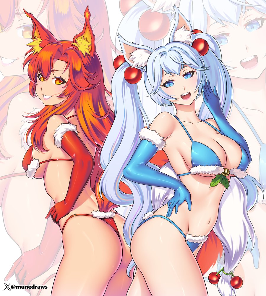 bikini blue_eyes blue_hair christmas_outfit female_only fox_ears fox_girl indie_virtual_youtuber kirsche_verstahl medium_breasts red_eyes red_hair smugalana two_girls