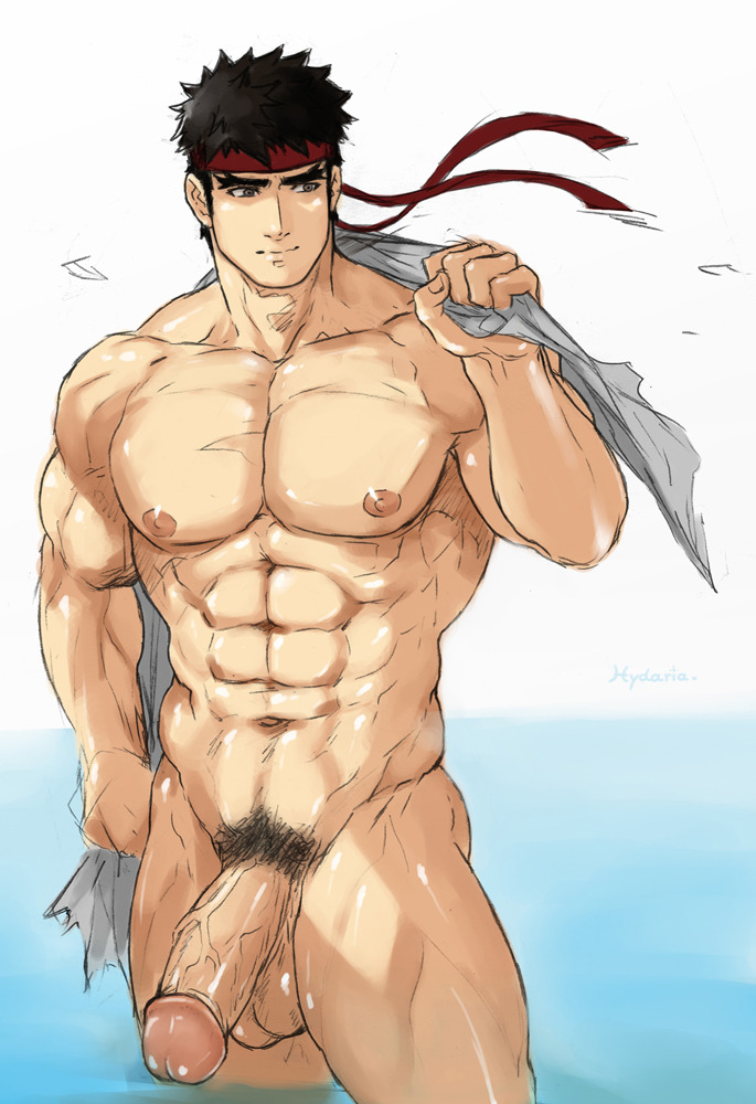 1boy abs artist_name bad_id bad_tumblr_id balls bara black_hair clothes_over_shoulder completely_nude headband hydaria large_pectorals male male_focus male_pubic_hair muscular muscular_male navel nipples nude pectorals penis pubic_hair red_headband ryu_(street_fighter) short_hair solo street_fighter testicles thighs veins veiny_penis