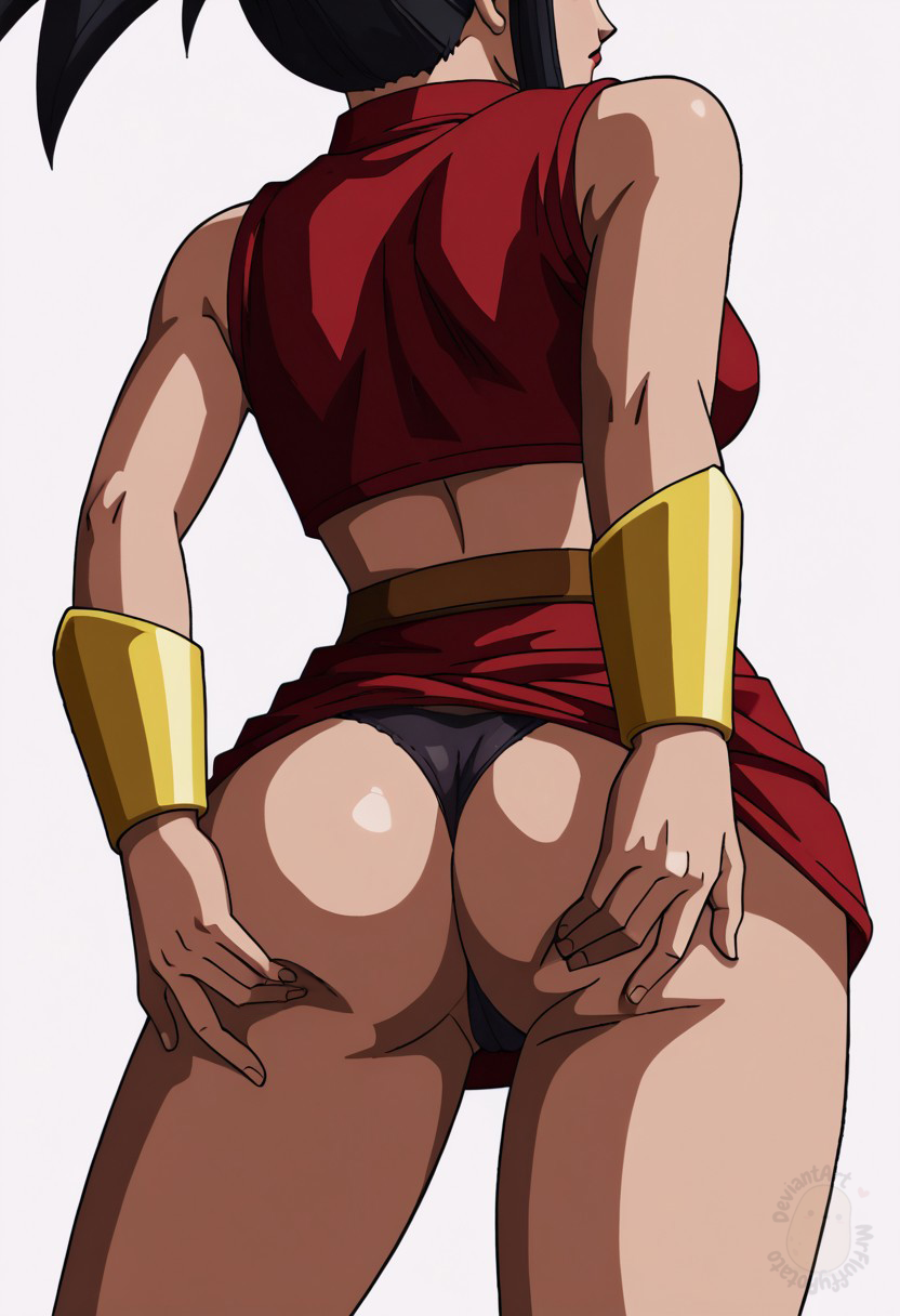 1girls ai_generated ass ass_focus ass_grab back back_view black_eyes black_hair black_panties butt_focus butt_grab dragon_ball dragon_ball_super female kale panties ponytail skirt_lift tan_skin thighs