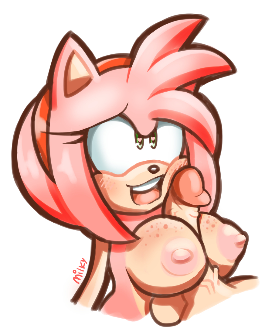 accessory amy_rose anthro balls big_breasts breast_play breasts clothed clothing duo erection eulipotyphlan female female_focus freckled_breasts freckled_face freckles genitals green_eyes hair_accessory hairband heart_eyes heart_symbol hedgehog human humanoid_genitalia humanoid_penis looking_pleasured male male/female mammal milkyshake99 nipples penis penis_against_cheek pink_body puffy_nipples sega sex smile solo_focus sonic_the_hedgehog_(series) titjob topless topless_female