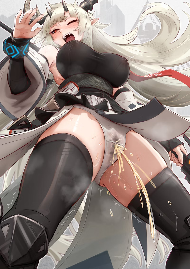 arknights breasts female matoimaru_(arknights) monowe panties pissing red_eyes see-through see-through_clothing thighs