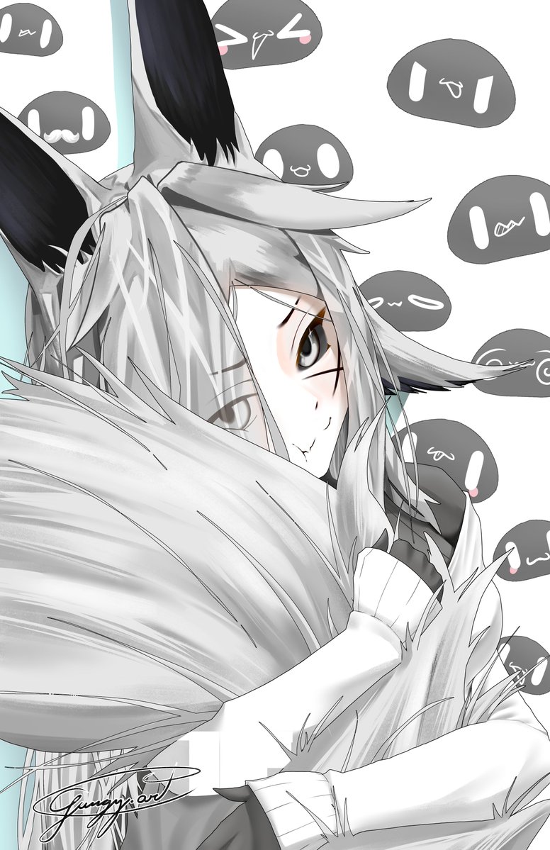 animal_ear_fluff animal_ears blush bunny_ears closed_mouth dya_rikku_(vtuber) eyebrows_visible_through_hair female fox_girl grey_eyes grey_hair hair_over_one_eye heart long_hair long_sleeves looking_at_viewer signature silver_hair smile solo sweater tail virtual_youtuber vyugen white_background