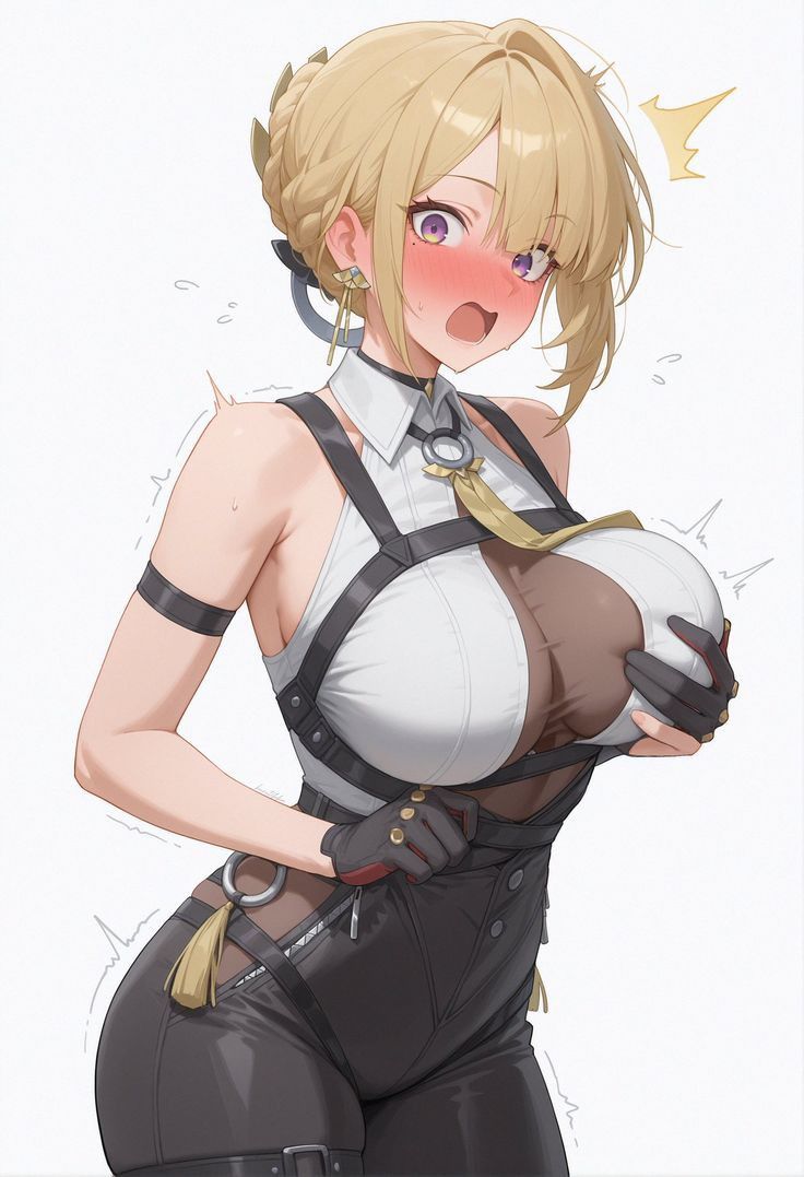 1girls, ai generated, ass, big breasts, blush, breasts, evelyn chevalier, female, hanime34, multicolored eyes, solo female, solo focus, touching breast, yellow hair, zenless zone zero
