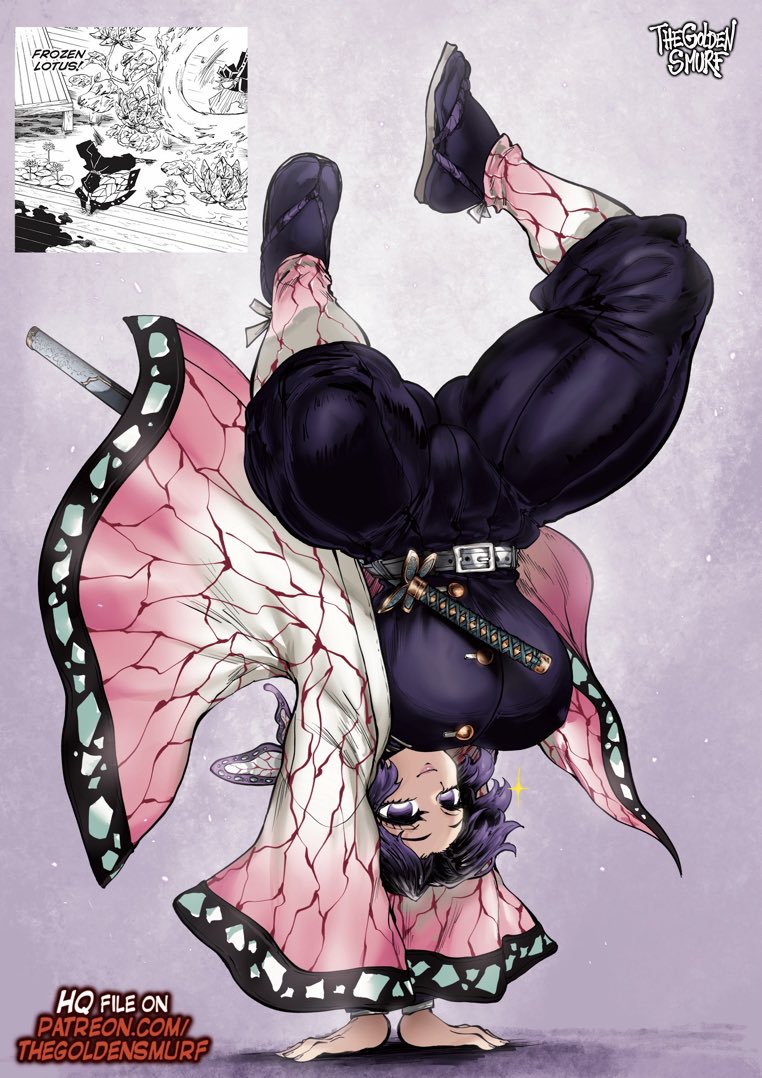 1girls, belt, big breasts, black pants, black shirt, breasts, child bearing hips, closed mouth, commentary, douma, duplicate, english commentary, fat ass, female, female only, hands on own cheeks, hands on own face, heart, hourglass figure, hourglass figured female, huge ass, huge breasts, japanese clothes, katana, kimetsu no yaiba, kimono, kochou shinobu, long hair, long sleeves, looking at viewer, open mouth, paid reward available, pants, purple eyes, purple hair, sandals, shirt, smile, sword, the golden smurf, thegoldensmurf, thicc, thick thighs, thighs, thin waist, upside-down, weapon, white hair, white kimono, yellow eyes