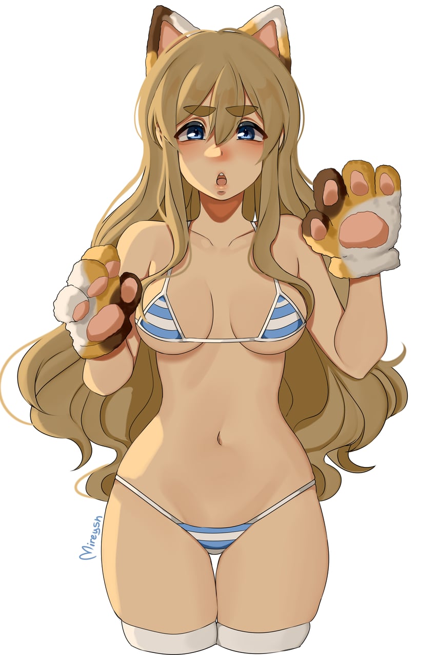 1girls bikini blonde_hair blue_eyes breasts cat_ears k-on! light-skinned_female long_hair looking_at_viewer midriff mireysh navel panties paws solo solo_female striped_panties tsumugi_kotobuki_(k-on!)