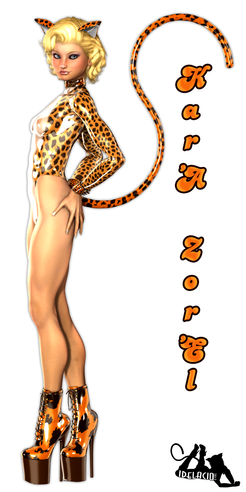 3d archie_comics blonde_hair blue_eyes cat_ears cosplay costume dc female freckles hanna-barbera high_heels idelacio josie_and_the_pussycats kara_zor-el leopard leotard melody_valentine_(cosplay) nipples pose simple_background tail