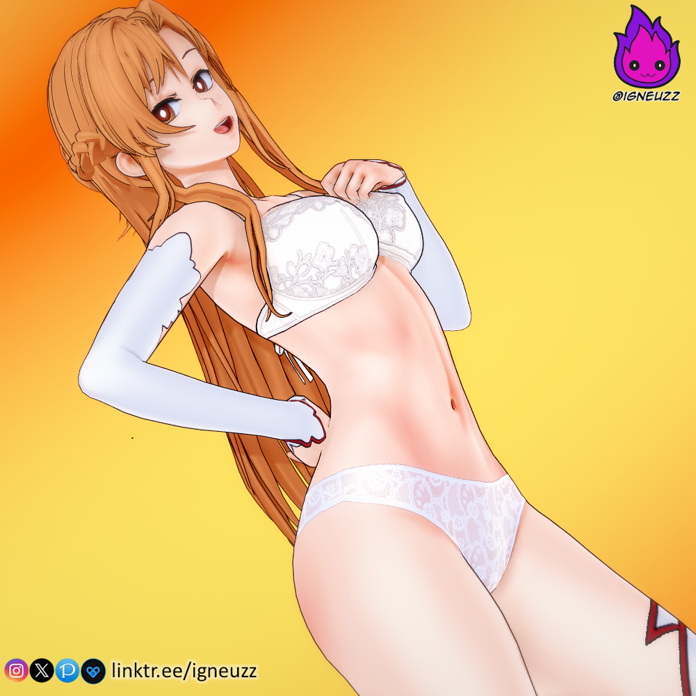 3d bra female igneuzz kneesocks light-skinned_female lingerie lingerie_only long_hair looking_at_viewer no_shoes orange_hair sword_art_online white_knee_socks white_lingerie yuuki_asuna