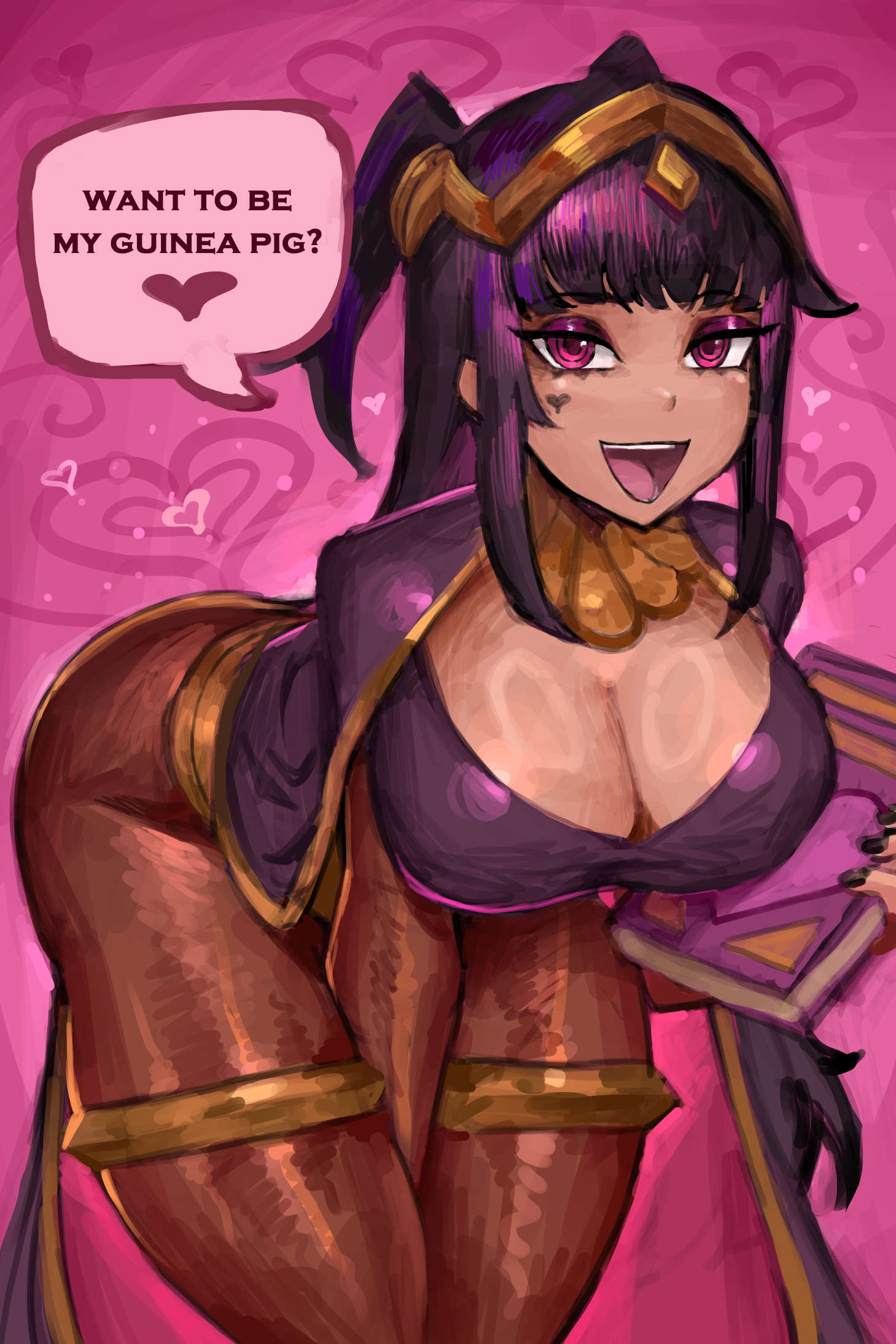 1girls 2d ass big_breasts blunt_bangs bodystocking breasts english_text female female_only fire_emblem fire_emblem_awakening heart-shaped_pupils heart_eyes nintendo pink_eyes saiykik solo speech_bubble tagme text tharja_(fire_emblem)