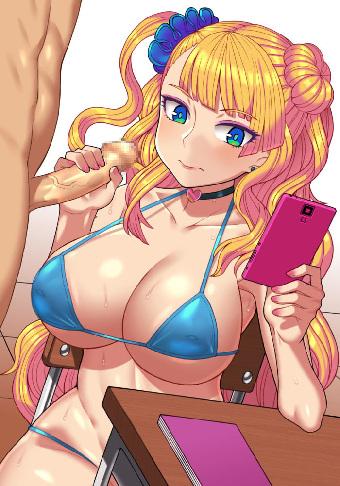 1boy 1girls arrogant bikini black_choker blonde_hair blue_bikini blue_eyes blue_scrunchie blush breasts cellphone censored chair choker cleavage closed_mouth collarbone desk earrings female foreskin galko gyaru hair_ornament hair_scrunchie handjob heart heart_choker holding holding_phone jewelry large_breasts male male/female mosaic_censoring multitasking notebook nt00 oshiete!_galko-chan penis phimosis phone pink_nails school_chair school_desk scrunchie sitting smartphone solo_focus straight swimsuit