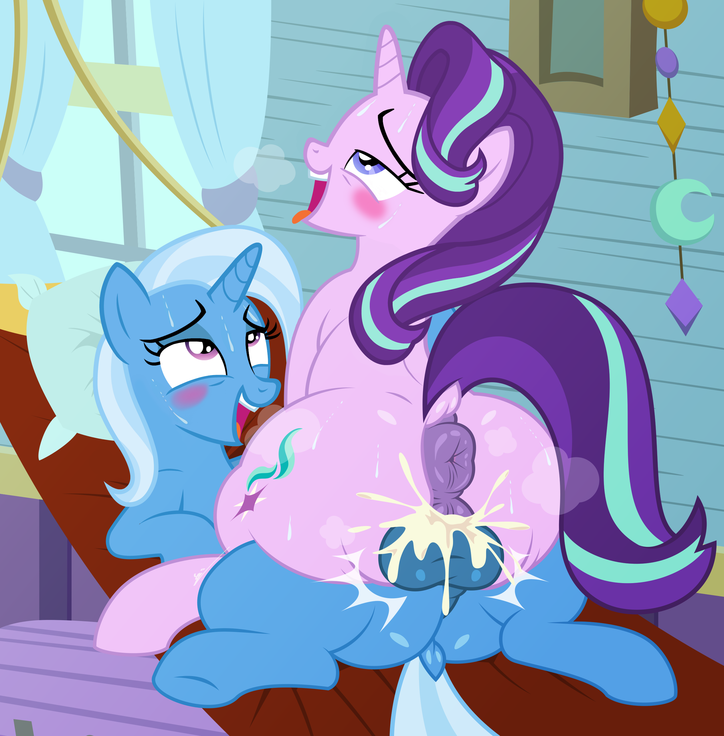 absurd res, accurate art style, anus, ass, balls, big ass, big butt, blush, bodily fluids, cowgirl position, cum, cum inside, dock (anatomy), duo, equid, equine, equine anus, eyelashes, female, female penetrated, feral, feral on feral, friendship is magic, from front position, fti crossgender, futa penetrating, futa penetrating female, futa/female, futanari, genderswap, genderswap (fti), genital fluids, genitals, hasbro, hi res, horn, intersex, intersex penetrating, intersex penetrating female, intersex/female, isaac pony, mammal, my little pony, my little pony friendship is magic, mythological creature, mythological equine, mythology, on bottom, on top, penetration, penile, penile penetration, penis, puffy anus, pupils, pussy, raised tail, rule 63, sex, smile, starlight glimmer, starlight glimmer (mlp), tail, tail anus, tongue, tongue out, trixie (mlp), unicorn, vaginal penetration