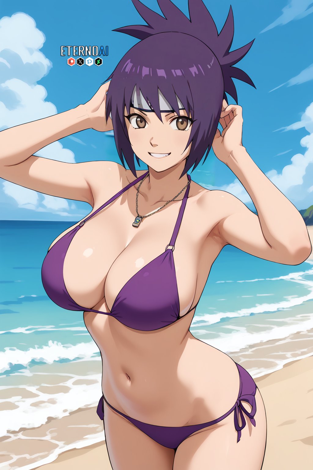 1girls ai_generated beach big_breasts bikini bikini_top blush breasts choker cleavage deviantart_username eternoai female female_only forehead_protector huge_breasts micro_bikini mitarashi_anko nai_diffusion naruto naruto_(series) naruto_shippuden neckwear outdoors patreon_username pixiv_username purple_hair sagging_breasts seaside skimpy skimpy_bikini stable_diffusion text thick_thighs twitter_username url voluptuous watermark web_address