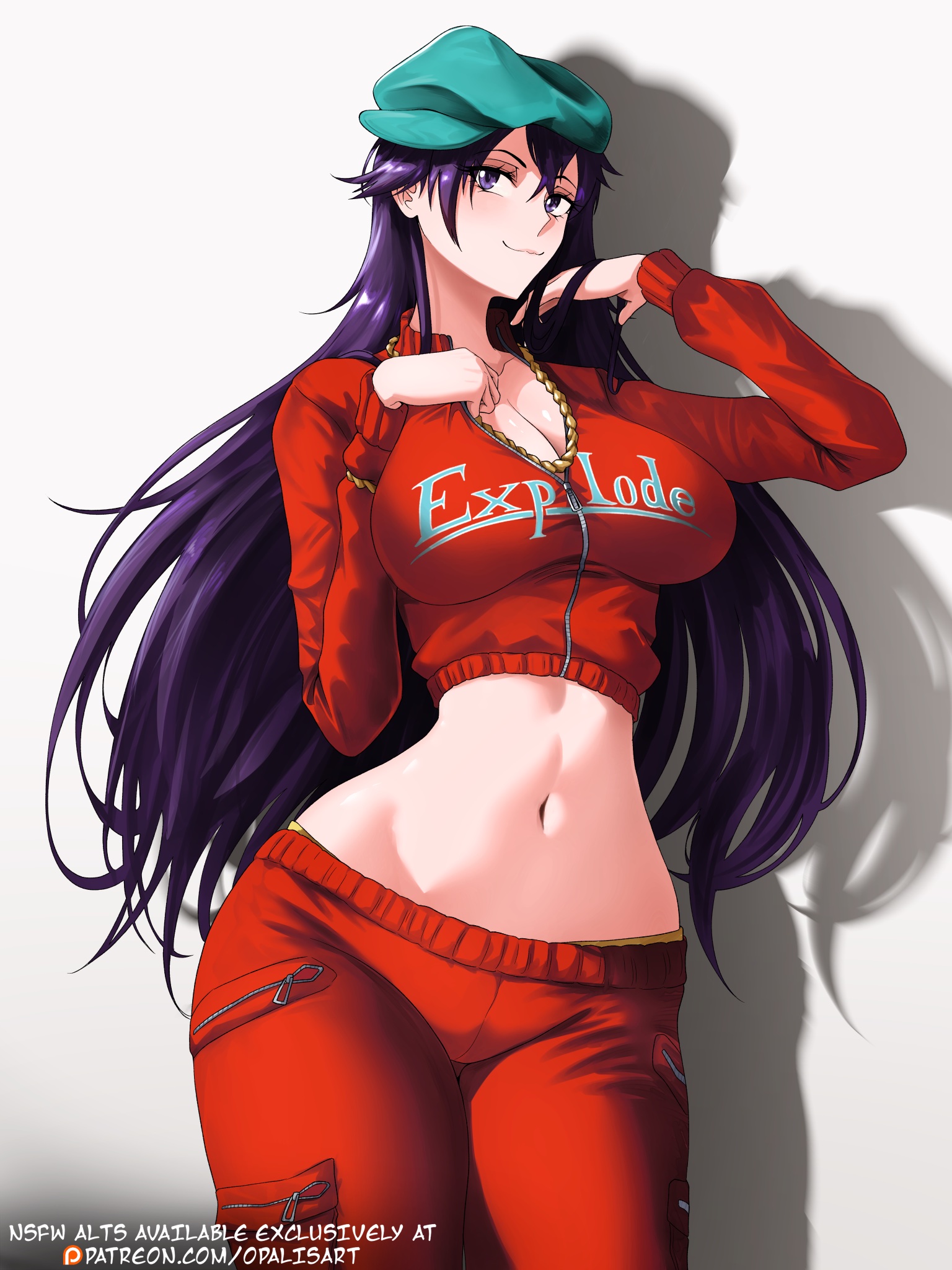 1girls, bambietta basterbine, belly button, big breasts, black hair, bleach, bleach: the thousand-year blood war, breasts, busty, cleavage, crop top, curvy, exposed midriff, female, female only, hat, long hair, midriff, navel, opalisart, pants, red clothing, skin tight, solo, track suit, unzipped, unzipped jacket, wide hips