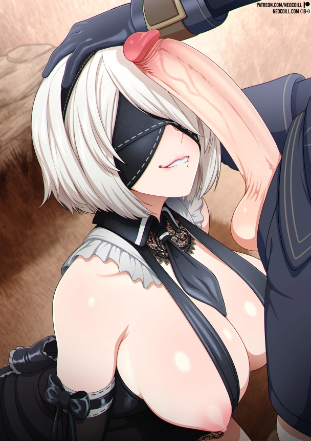 1boy alternate_breast_size biting_own_lip black_blindfold blindfold breasts cosplay covered_eyes crossover erection eve_(stellar_blade) female gloves hairband large_breasts large_penis looking_at_penis mole mole_under_mouth neocoill nier:_automata nier_(series) nipples official_alternate_costume penis short_hair smile solo_focus stellar_blade straight testicles uncensored upper_body veins veiny_penis white_hair yorha_2b_(cosplay)