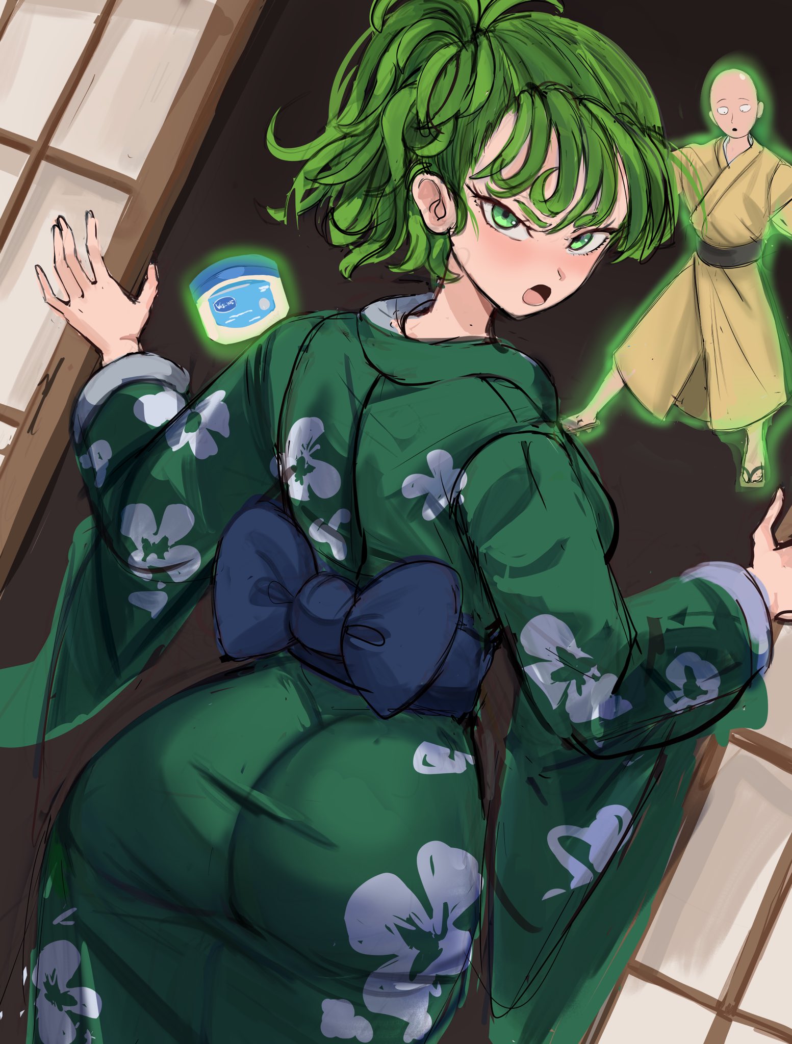 1boy, 1boy1girl, 1girls, alternate costume, ass, big ass, female, green eyes, green hair, huge ass, japanese clothes, kimono, one-punch man, rakeemspoon, saitama, saitama (one-punch man), tatsumaki