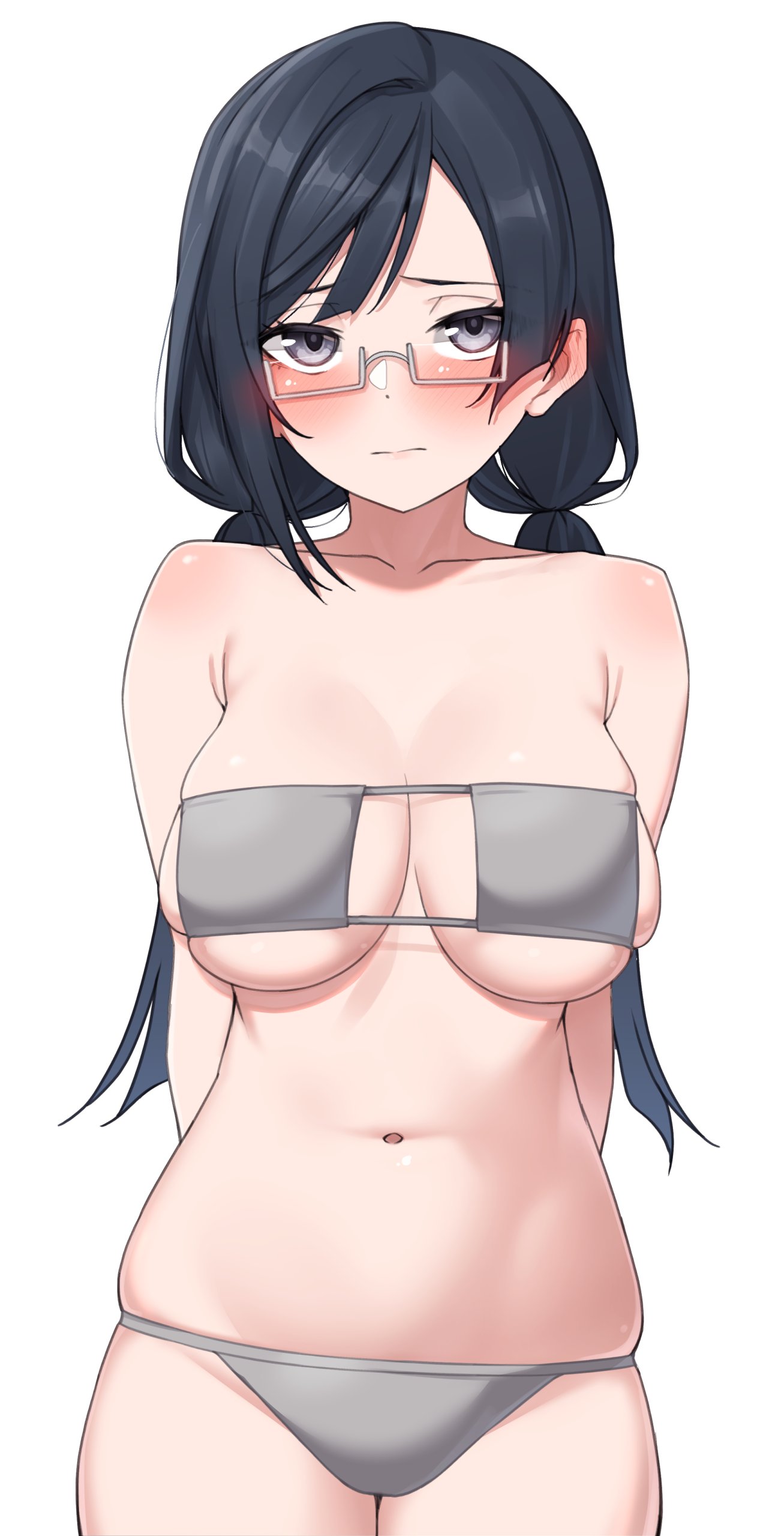 1girls black_hair blush bra breasts clothed clothing glasses hi_res large_breasts light-skinned_female light_skin long_hair looking_at_viewer love_live! love_live!_nijigasaki_high_school_idol_club nakagawa_nana nasuno_(nasuno42) panties simple_background white_background yuuki_setsuna_(love_live!)