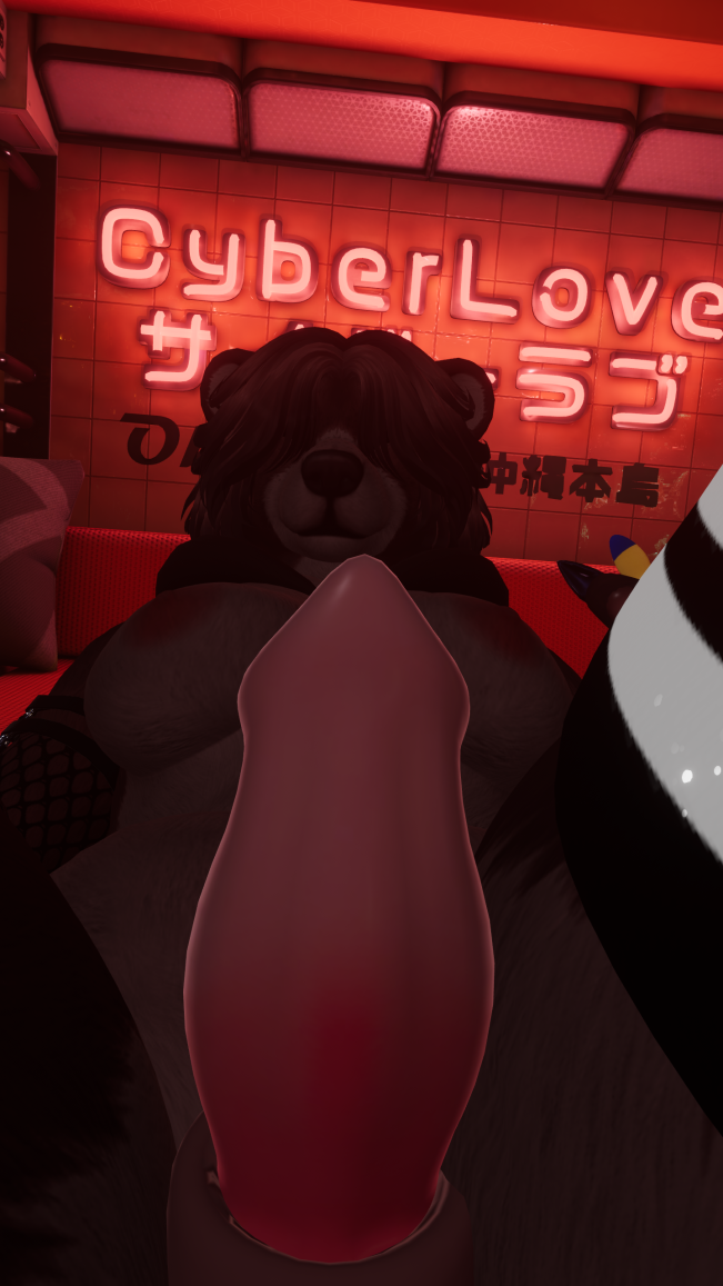 anthro_futa bear_girl canine_penis cock_pointing_towards_viewer futa_only hair_over_eyes laying_on_back legs_apart looking_at_viewer milf_futa neon_sign practically_nude thighhighs vrchat vrchat_avatar