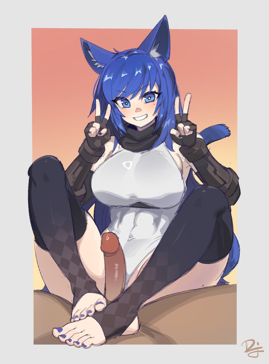 1boy :d animal_ears argyle_clothes argyle_thighhighs black_gloves black_scarf black_thighhighs blue_eyes blue_hair blue_nails breasts cat_ears cat_girl cat_tail clothed_male_nude_female commission difman elbow_gloves english_commentary erection female fingerless_gloves footjob gloves grey_background grin large_breasts leotard long_hair looking_at_viewer mole mole_under_eye nail_polish nude original penis scarf smile solo_focus stirrup_legwear straight tail teeth thighhighs toeless_legwear toenail_polish toenails toes white_leotard