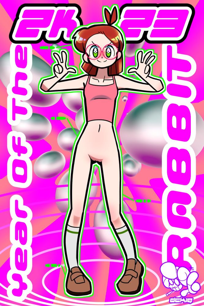 abstract_background blanaid_(dckiq) dckiq determined freckles ginger ginger_hair glasses green_eyes holding_up_four_fingers holding_up_three_fingers long_socks no_panties no_pants round_glasses shoes skinny small_breasts socks tank_top text year_of_the_rabbit