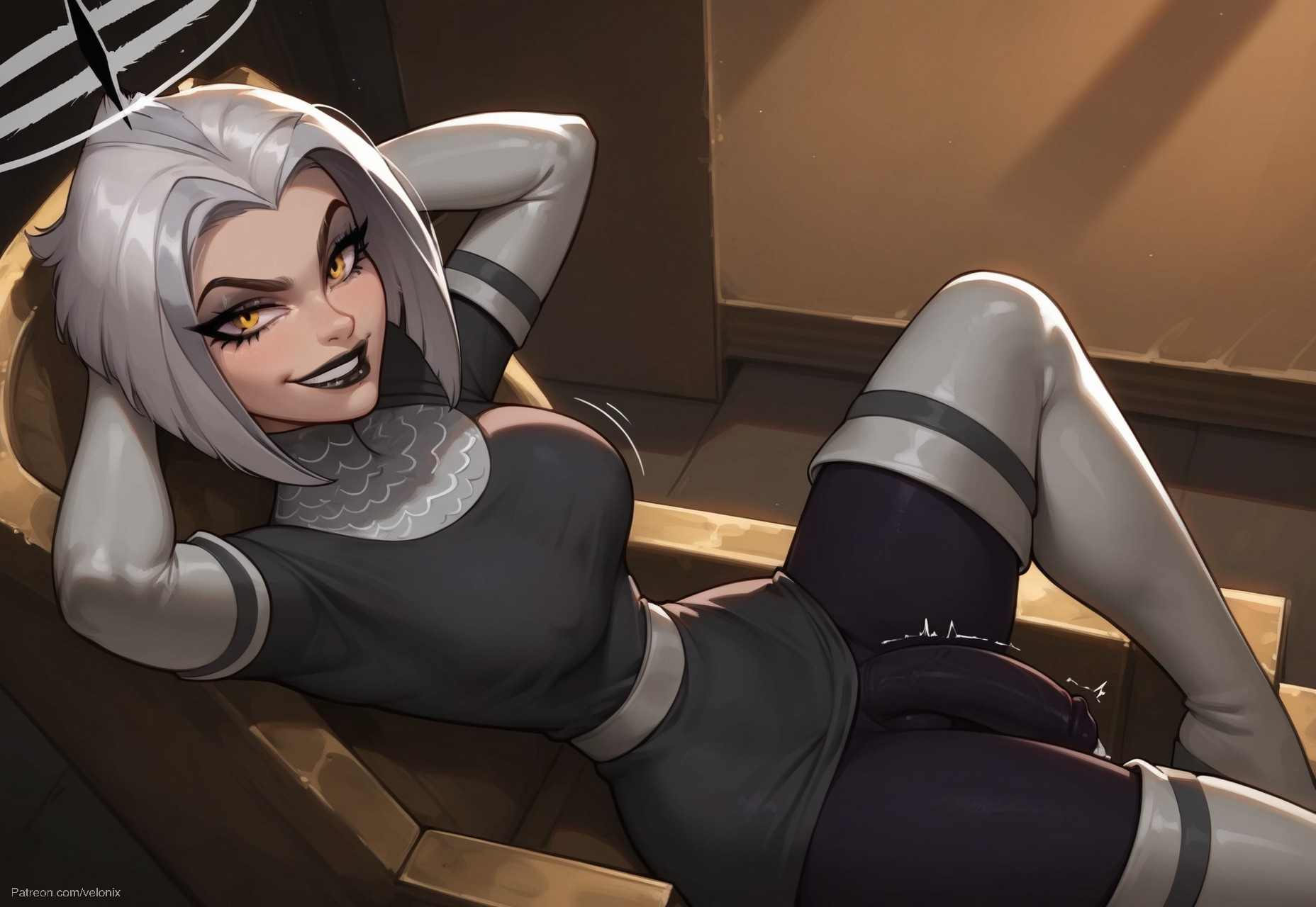 1futa, ai generated, angel, ass, balls, big ass, big balls, big breasts, big penis, black lips, black lipstick, black nails, breasts, clothed, clothing, collar, dick, dickgirl, dress, earrings, erect penis, erection, eyebrows, eyelashes, female, futa only, futanari, gloves, goth, goth girl, grin, grinning, grinning at viewer, hair, halo, hands-free, hazbin hotel, huge cock, indoors, intersex, lips, long hair, looking at viewer, low-angle view, lute (hazbin hotel), lying, lying on throne, makeup, narrow waist, narrowed eyes, navel, nipples, nose, nude, nude futa, penis, pov, pov eye contact, seducing, seductive, seductive eyes, seductive gaze, seductive look, seductive mouth, seductive pose, seductive smile, smile, smile at viewer, smiley face, smiling at viewer, smooth balls, smooth penis, smooth skin, solo, solo dickgirl, solo focus, solo futa, taker pov, testicles, thick thighs, thigh boots, thighs, throbbing, throbbing penis, velonix, white gloves, white hair, yellow eyes