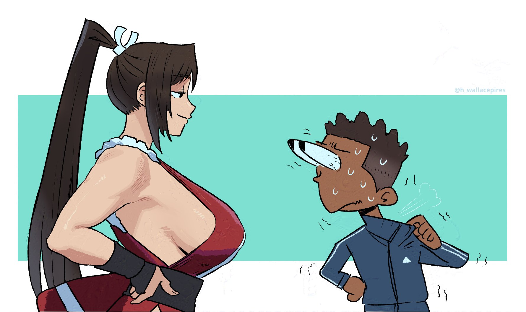breasts, brown hair, brunette hair, bulging eyes, chibi, dark skin, dark-skinned male, eye contact, fat breasts, fatal fury, female, from side, funny, huge breasts, king of fighters, kunoichi, large breasts, mai shiranui, male, my eyes are up here, no bra, ponytail, protagonist (sf6), sideboob, smirk, smirking, smug, street fighter, street fighter 6, sweating, trying to resist, very long hair, wallace pires