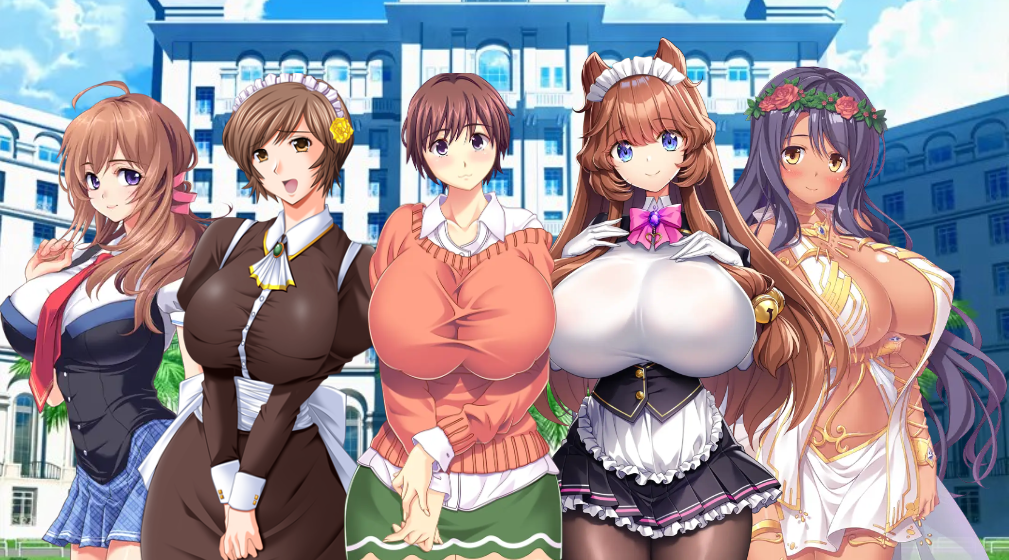 5girls abel_howlicia bed bedroom breasts cleavage clothed_female curtains demigod edited_image fountain fukunaga_koharu game_cg gigantic_breasts hotel huge_breasts hyper_breasts inami_mashiro kyonyuu_reijou_mc_gakuen large_breasts madellie_parnepoli maid maid_headdress maid_uniform massive_breasts motto!_haramase!_honoo_no_oppai_isekai_oppai_maid_gakuen! motto!_haramase!_honoo_no_oppai_isekai_oppai_meido_gakuen! multiple_girls nonomiya_momoko saimin_class school_uniform schoolgirl schoolgirl_uniform sex_open_world_e_youkoso! shimai_tsuma_3 werewolf_ears werewolf_girl