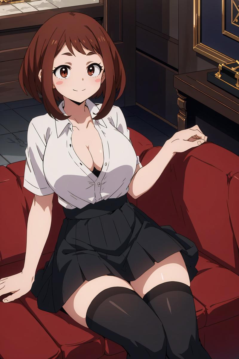 ai_generated aindroidparanoid big_breasts blush boku_no_hero_academia brobrown_hair brown_eyes huge_ass huge_breasts large_ass large_breasts my_hero_academia narrow_waist ochako_uraraka office_lady official_alternate_costume shirt short_hair skirt stable_diffusion wide_hips