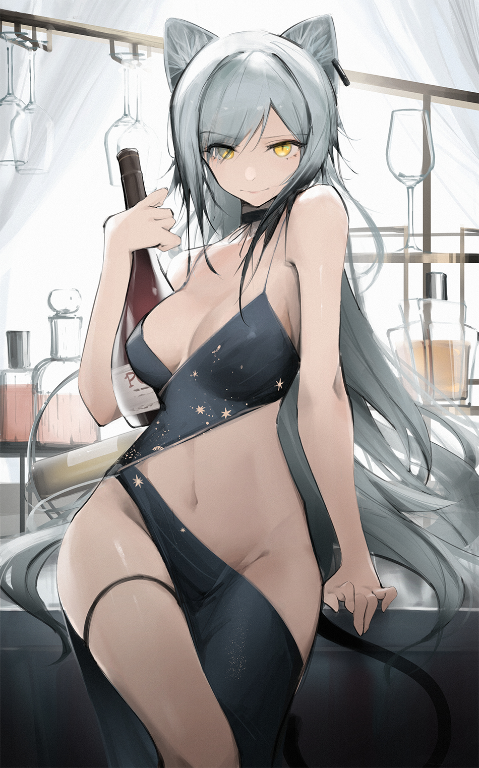 1girls animal_ears arknights clothing_cutout dress eyyy female female_only schwarz_(arknights) tail thighs wine_bottle wine_glass yellow_eyes