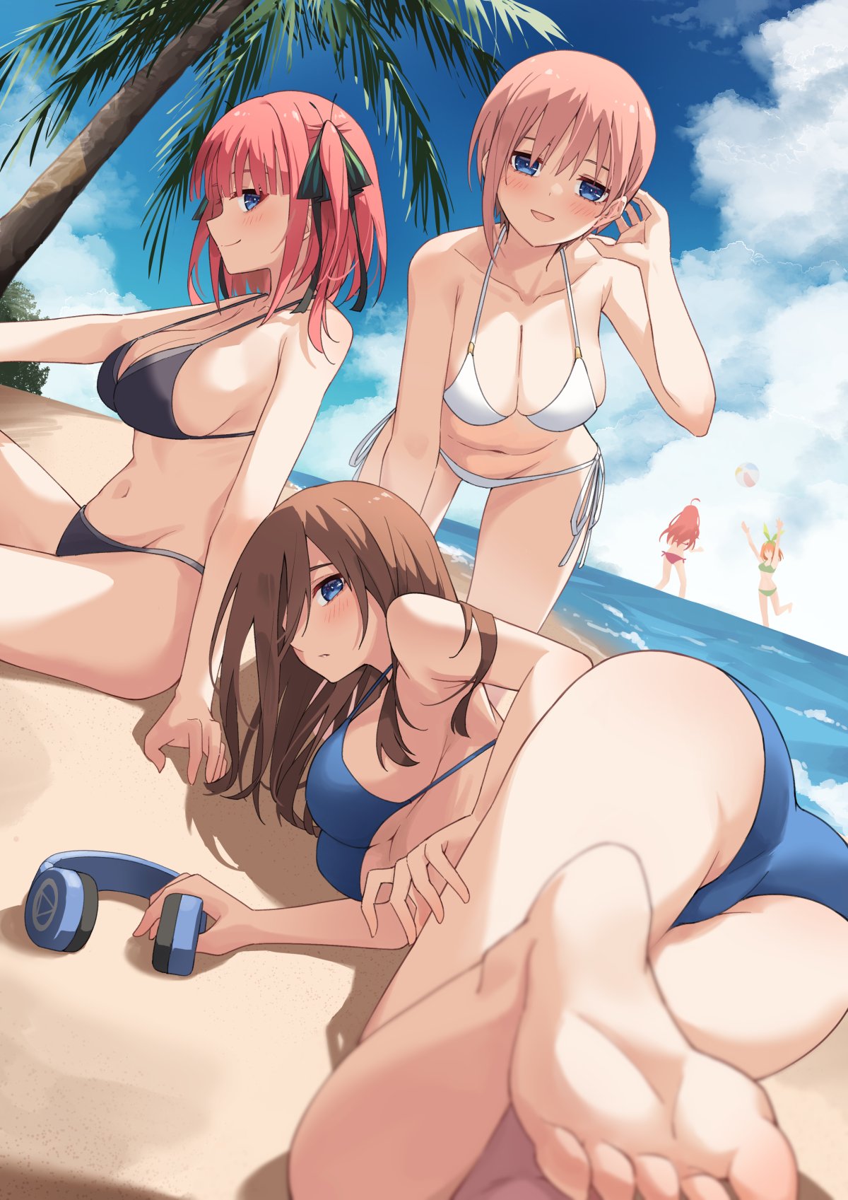 5girls ass barefoot bikini black_bikini blue_bikini blue_eyes breasts brown_hair butterfly_hair_ornament cleavage go-toubun_no_hanayome green_bikini green_hairband green_ribbons hair_between_eyes hair_ornament hair_ribbon hairband headphones highres multiple_girls nakano_ichika nakano_itsuki nakano_miku nakano_nino nakano_yotsuba navel orange_hair pink_hair profnote quintuplets red_bikini red_hair ribbon swimsuit white_bikini