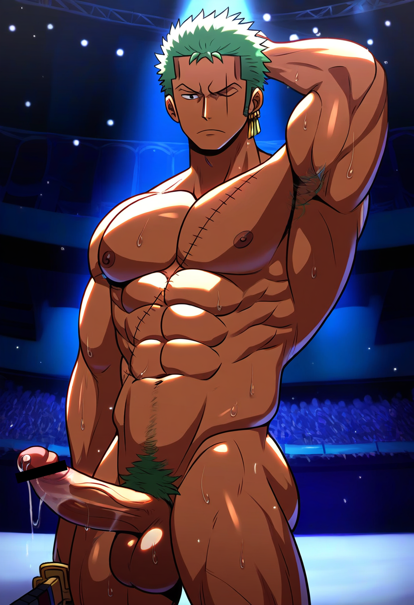 abs ai_generated aonoshishi balls bara biceps big_balls big_penis cum erection green_hair male male_nipples male_only male_pubic_hair muscular_male nipples nude one_piece pecs penis roronoa_zoro scar sweat sweating