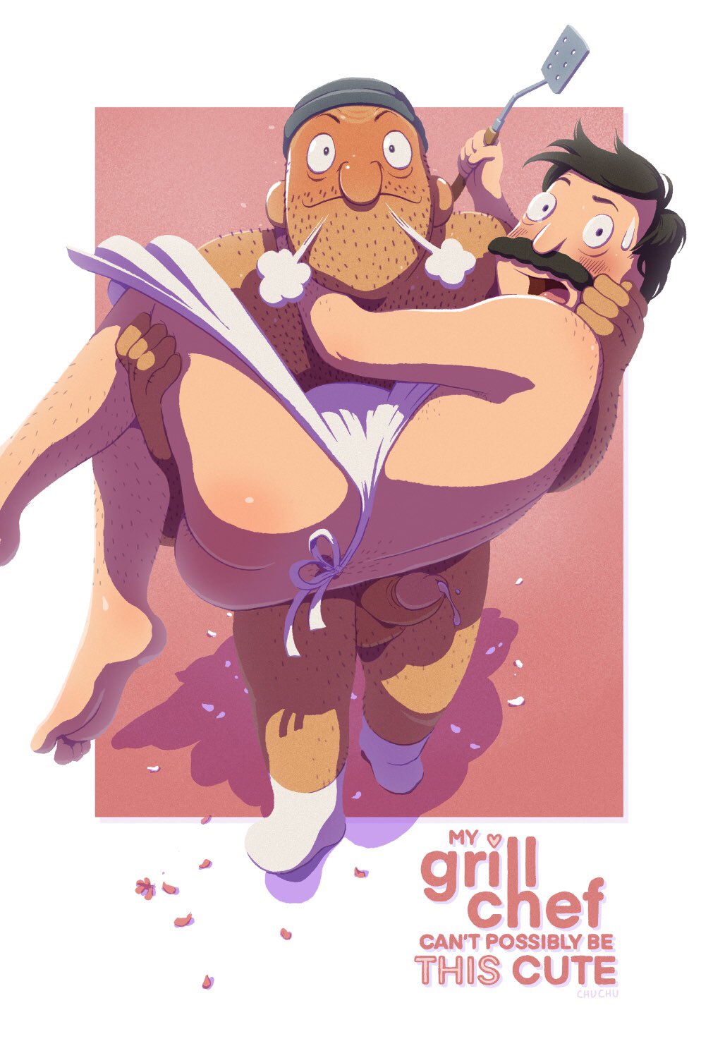 apron balls blush bob's_burgers bob_belcher boner chuchugelee erection gay lifting_person male male_only nude penis teddy_(bob's_burgers)