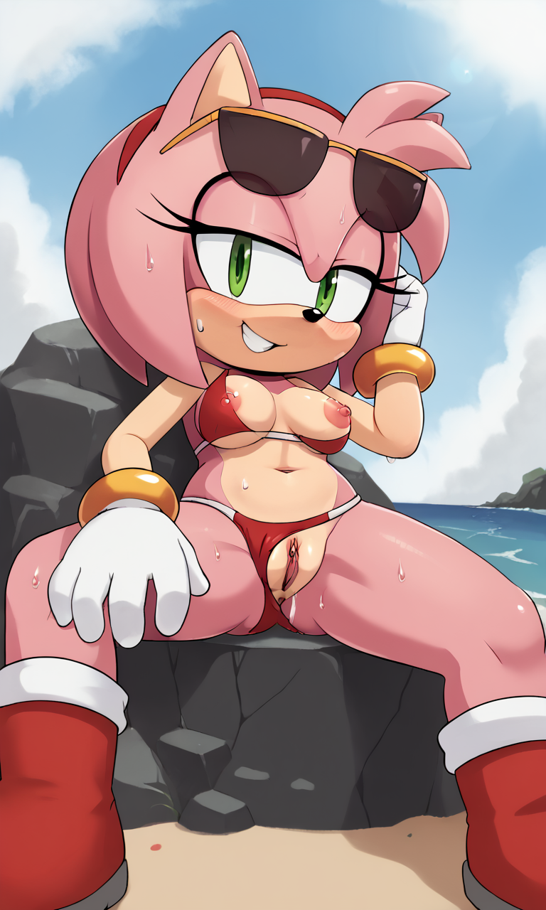 1girls ai_generated amy_rose anthro beach bikini bikini_aside boobs bra breasts exposed_pussy exposed_vagina female green_eyes hedgehog hedgehog_girl looking_at_viewer mobian_(species) nipples open_legs pink_fur pink_hair pixai pussy rodent sillysailor smile sonic_(series) tits