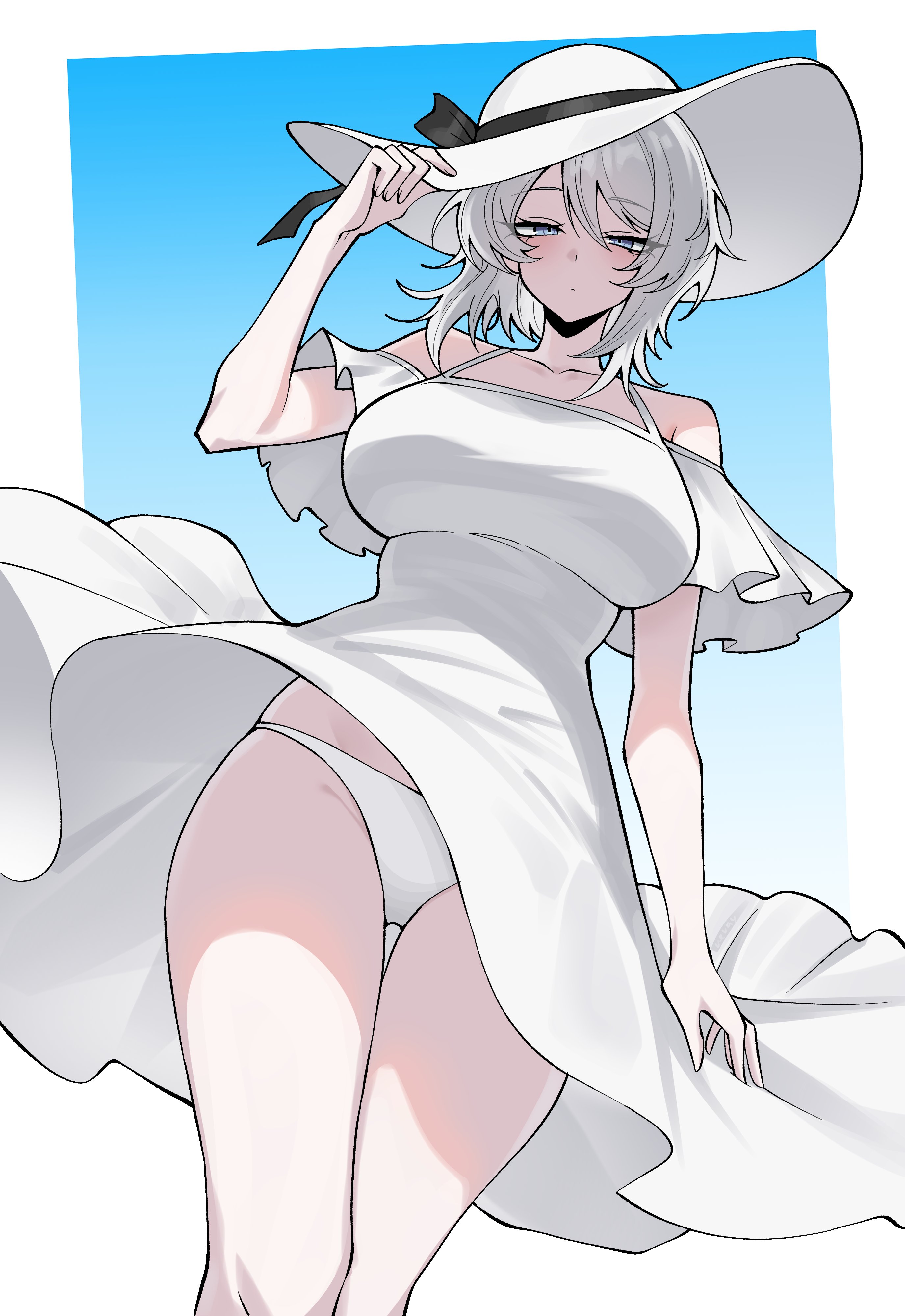1girls, blue eyes, breasts, closed mouth, exposed panties, expressionless, eyebrows visible through hair, eyelashes visible through hair, faust (limbus company), female, hat, large breasts, limbus company, looking at viewer, project moon, short hair, shoulders, simple background, sole female, sundress, thighs, vvernerluniq, white hair, white panties, wind