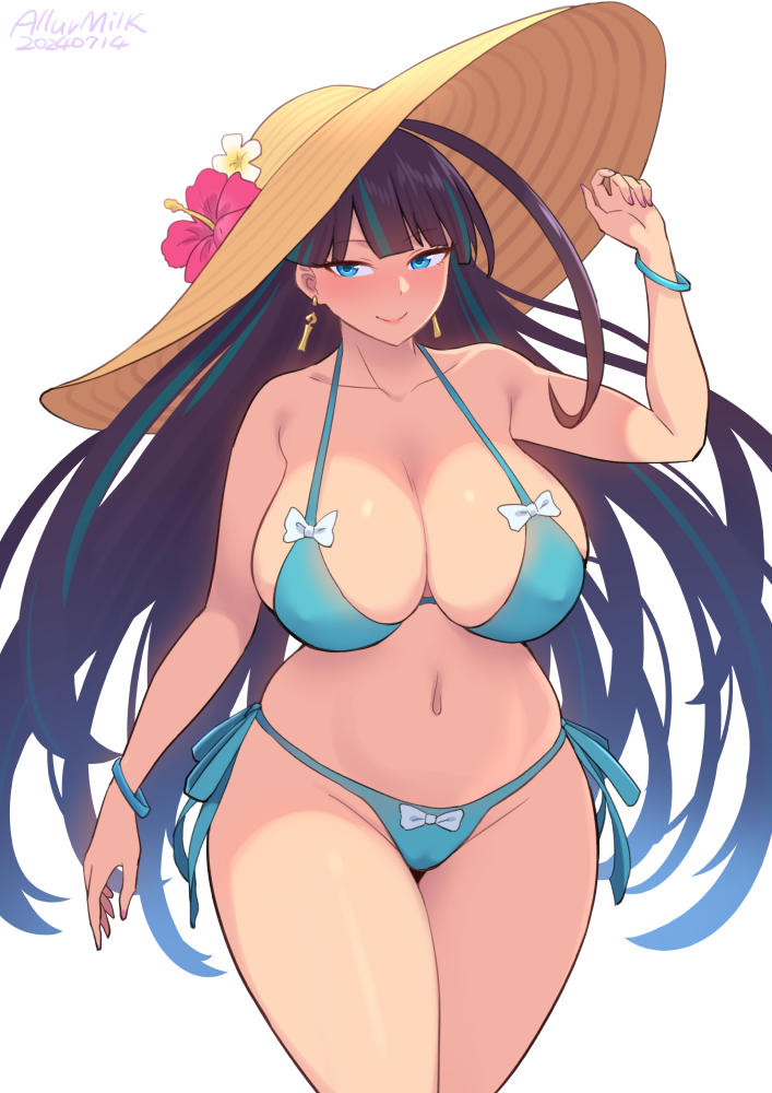 1girls 2024 allurmilk artist_name artist_signature big_breasts bikini bikini_bottom bikini_top black_hair blue_eyes blue_hair blush blushing bottomwear breasts cleavage clothed clothing cropped_legs curvaceous curvy curvy_figure earrings female female_only half-closed_eyes hat headgear headwear hourglass_figure large_breasts light-skinned_female light_skin looking_at_viewer looking_pleasured nail_polish nipple_bulge original original_character pink_nails png skindentation smile smiling solo solo_female sun_hat thick_thighs topwear two_tone_hair voluptuous white_hair wide_hips zheng