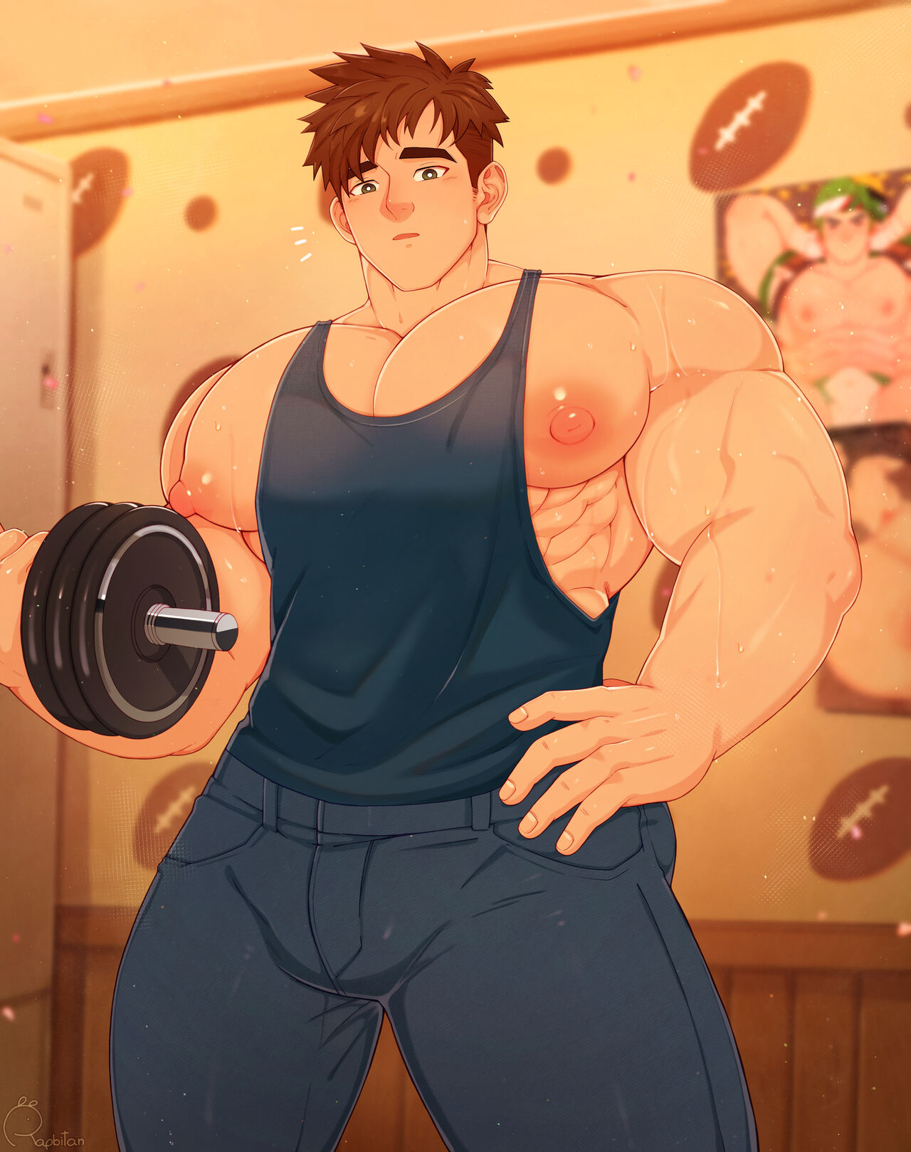 alex_(stardew_valley) bara big_chest big_cock big_muscles brown_hair gay green_eyes rapbitan stardew_valley tagme