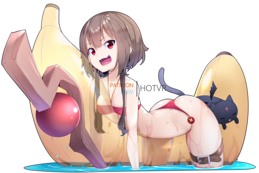 1girls 1other arched_back ass banana bare_shoulders bikini black_cat breast_press brown_hair chomusuke cute feline floating floating_object hot_vr kono_subarashii_sekai_ni_shukufuku_wo! konosuba megumin open_mouth pool red red_bikini red_eyes riding sexually_suggestive simple_background small_breasts spread_legs staff swimsuit thick_thighs white_background