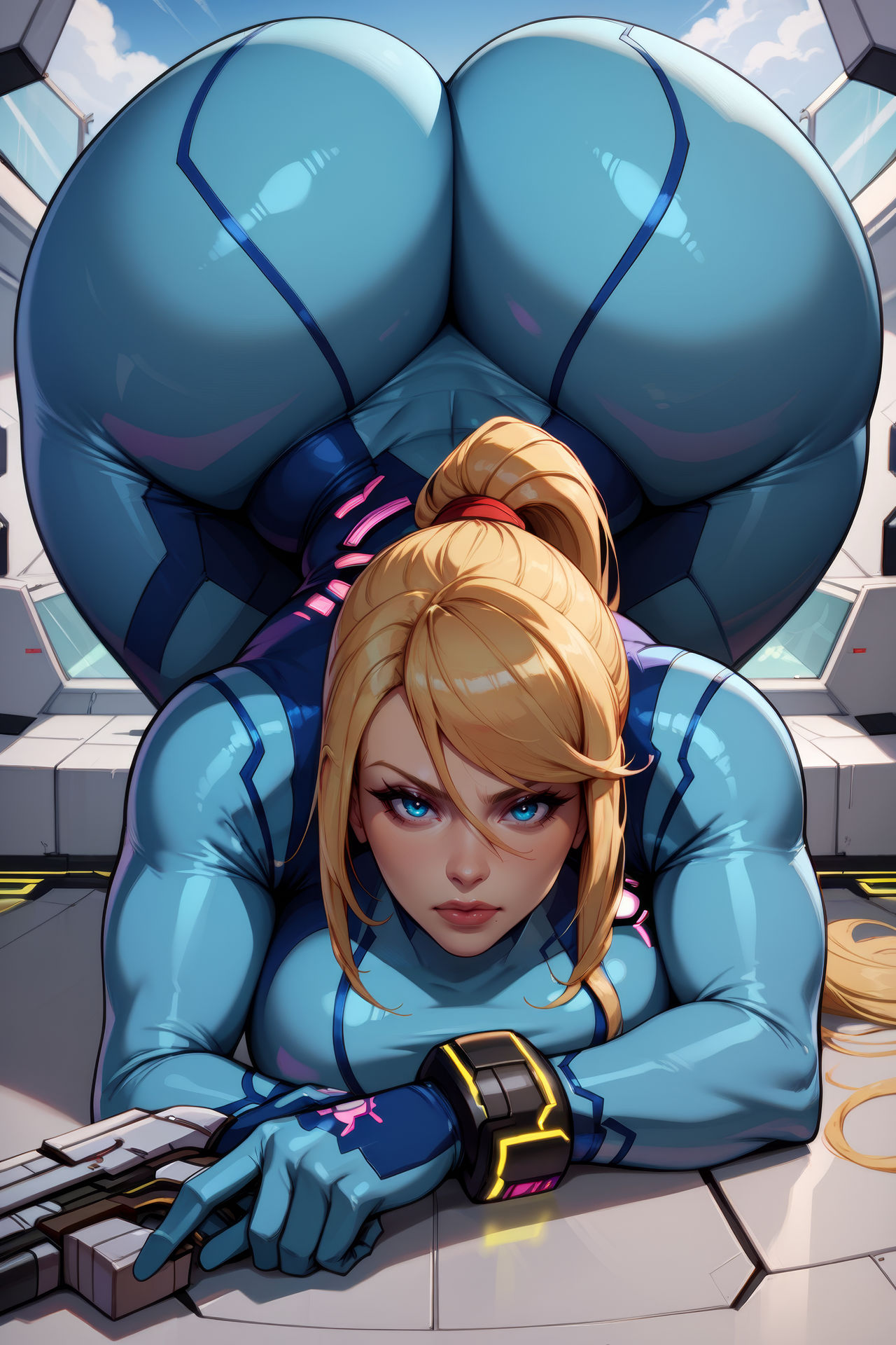 1girls ai_generated all_fours ass ass_focus big_ass blonde_hair blue_eyes breasts clothing dat_ass fat_ass female female_only gun hotcartoonai huge_ass human large_ass long_hair looking_at_viewer massive_ass metroid nintendo samus_aran solo solo_female thick_ass thick_thighs voluptuous voluptuous_female wide_hips zero_suit_samus