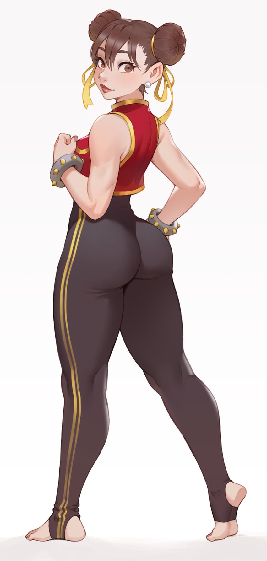 1girls ass big_ass black_hair brown_eyes capcom cheshirrr chun-li female female_only fingerless_gloves fully_clothed hair_buns looking_at_viewer muscular_female solo spiked_bracelets street_fighter street_fighter_alpha thick_thighs tights yoga_pants