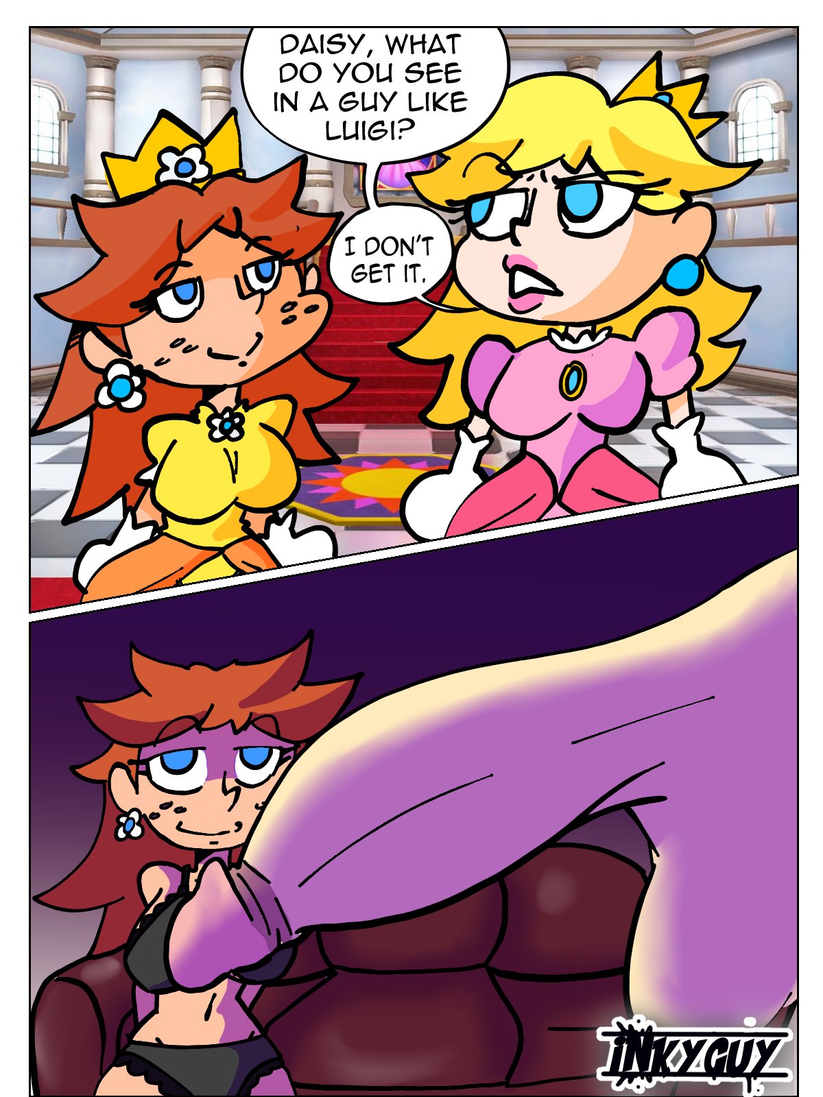 1boy 2girls balls big_penis blonde_hair blue_eyes breasts clothing couch crown dialogue erection female freckles gloves huge_cock human indoors inky_guy inky_guy large_cock luigi male mario_(series) nintendo panties penis penis_focus princess_daisy princess_peach smile straight