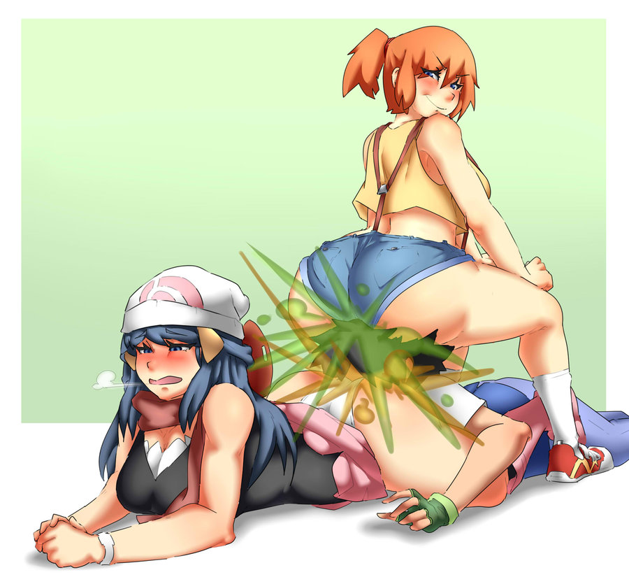 1boy 2girls akari_(pokemon) ash_ketchum big_ass dawn_(pokemon) fart fart_bukkake fart_fetish farting_in_face farting_on_face kasumi_(pokemon) lazei misty_(pokemon) pokemon relief satoshi_(pokemon) smug smug_face