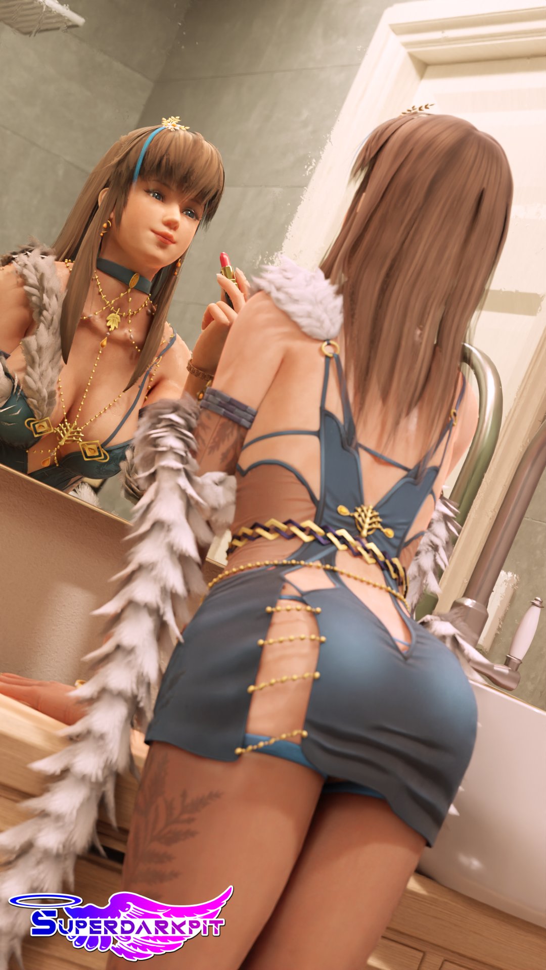 3d bangs blue_eyes brown_hair busty cleavage dead_or_alive dress earrings female female_focus female_only hitomi_(doa) hourglass_figure lipstick long_fingernails long_hair makeup mirror short_dress skimpy skimpy_dress superdarkpit tagme thong wide_hips