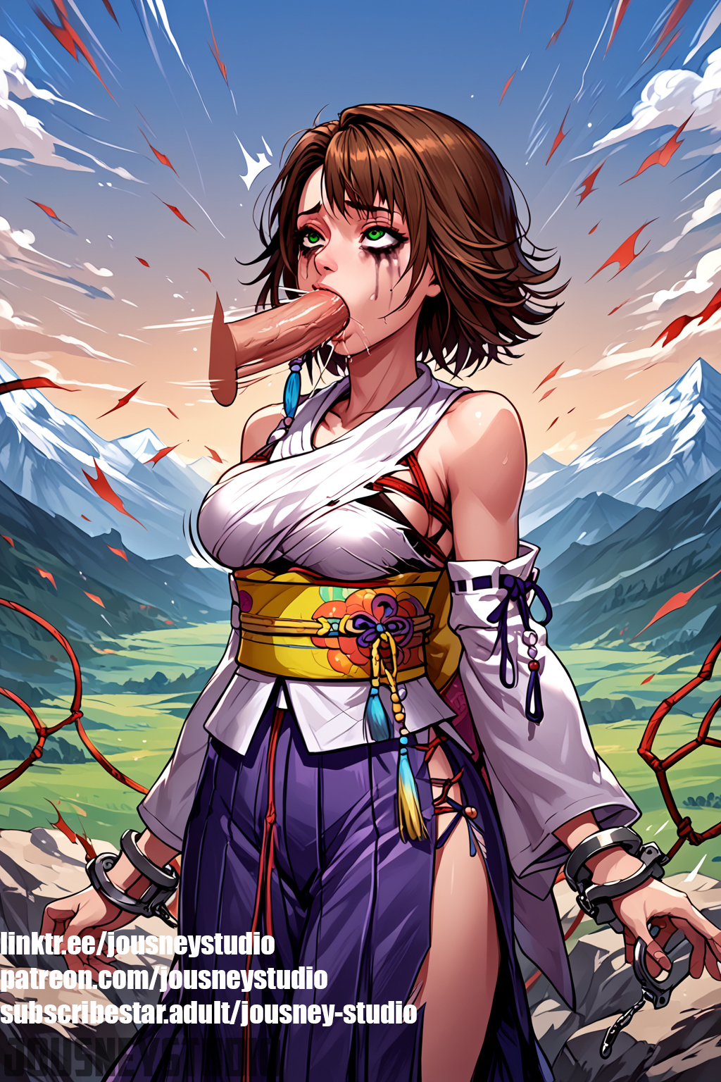 1boy ^^^ ai-created ai_generated arms_at_sides artist_name bare_shoulders blue_skirt blue_sky breasts brown_hair clothing cloud cowboy_shot crying crying_with_eyes_open cuffs detached_sleeves english_text erection fellatio female final_fantasy green_eyes hakama hakama_skirt handcuffs irrumatio jousneystudio medium_breasts mountain obi oral outdoors patreon_username penis rope saliva sash short_hair sideboob skirt sky snot solo solo_focus standing straight tassel tears traditional_clothes uncensored wafuku weapon yuna