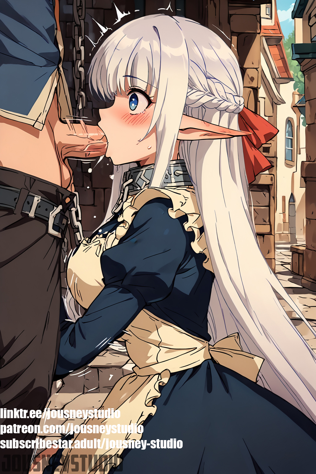 1boy ai-created ai_generated apron bangs belt blue_eyes blush braid breasts brown_pants chain_leash chains clothing collar day dress elf english_text erection fellatio female french_braid headdress jousneystudio juliet_sleeves large_breasts leash long_hair long_sleeves maid maid_apron male maou_no_ore_ga_dorei_elf_wo_yome_ni_shitanda_ga_dou_medereba_ii nephelia oral original outdoors pants pants_pull penis pointed_ears puffy_sleeves saliva sidelocks slave solo_focus straight surprised sweat tearing_up tears tied_hair trembling uncensored uniform very_long_hair white_apron white_hair wide-eyed