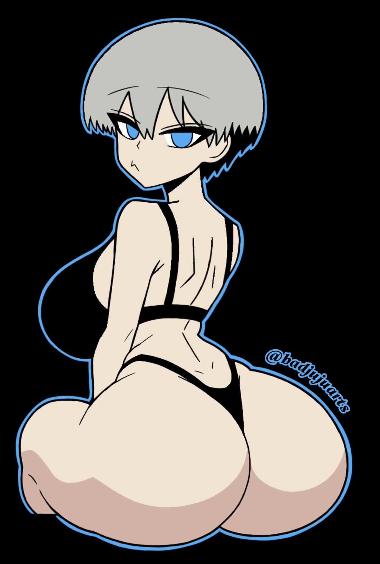 1girls ass ass_focus badjujuarts big_ass big_breasts blue_eyes bra breasts clothed female female_focus female_only from_behind grey_hair huge_ass looking_at_viewer looking_back short_hair sitting solo solo_female solo_focus thick thick_ass thick_thighs thong uzaki-chan_wa_asobitai! uzaki_hana