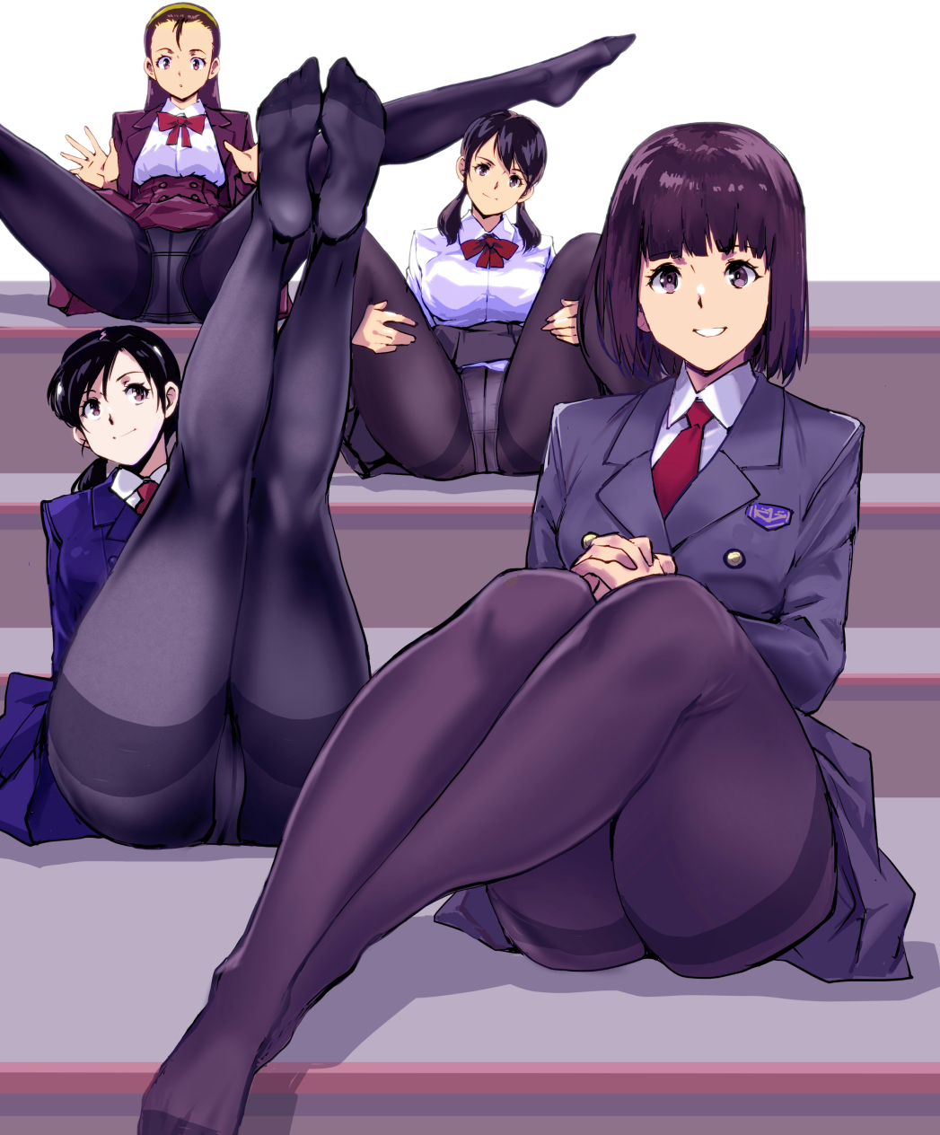 4girls black_hair brown_hair feet feet_up from_front_position panties pantyhose school_uniform sitting smiling stairs upskirt